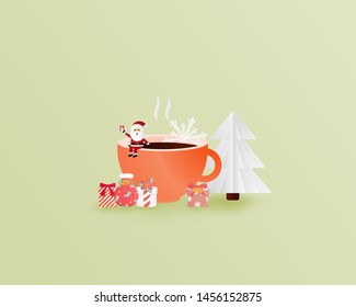 Merry Christmas and Happy new year greeting card in paper cut style. Vector illustration Christmas celebration background with Santa Claus, coffee and gift. Banner, flyer, poster, wallpaper, template.