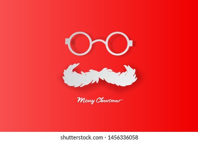 Merry Christmas and Happy New Year Typographic on red Background. Santa Claus hipster beard and glasses with card or invitation.Vintage calligraphic poster design for xmas.paper art and craft.vector.