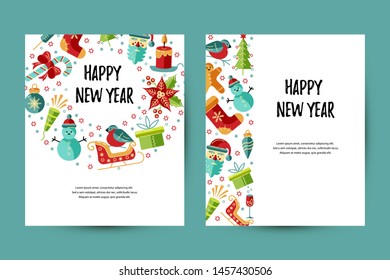 Merry Christmas and Happy New Year card vector illustration set. Place for text. Great for New Year party invitation, christmas fair, flyer, banner, poster. Flat and line style design.