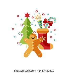Merry Christmas and Happy New Year card vector illustration. Design element isolated on white background. Great for flyer, decoration, postcard, banner, poster. Flat and line style design.