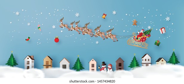 Merry Christmas and Happy New Year with Santa Claus and raindeer, paper cut .