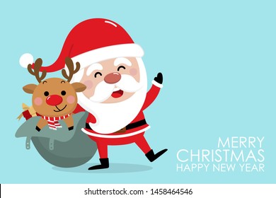 Merry Christmas and happy new year greeting card with cute Santa Claus and deer in the bag. Holiday cartoon character in winter season. -Vector.