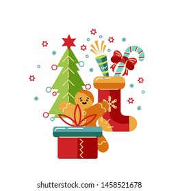 Merry Christmas and Happy New Year card vector illustration. Design element isolated on white background. Great for flyer, decoration, postcard, banner, poster. Flat and line style design.
