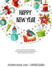 Merry Christmas and Happy New Year card vector illustration. Place for text. Great for New Year party invitation, christmas fair, flyer, banner, poster. Flat and line style design. Circle concept.