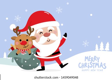 Merry Christmas and happy new year greeting card with cute Santa Claus and deer. Holiday cartoon character in winter season. -Vector.