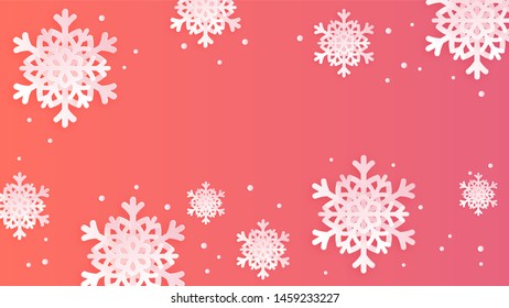 Merry Christmas and Happy new year greeting card in paper cut style. Vector illustration Christmas celebration Snow flakes on pink background. Design for banner, flyer, poster, wallpaper, template.