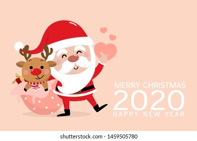 Merry Christmas and happy new year greeting card with cute Santa Claus and deer. Holiday cartoon character in winter season. -Vector.