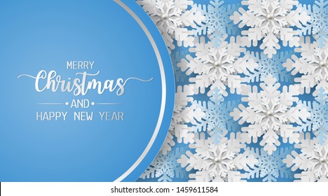 Merry christmas and happy new year greeting card, postcard with snowflake on blue background. Paper art style