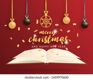 Merry Christmas and Happy new year greeting card in paper cut style. Vector illustration Christmas celebration background with decoration on a book. Banner, flyer, poster, wallpaper, template.