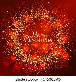 Merry Christmas and Happy New Year greeting card. Shiny background with sparkles. Dark Red Background with golden text. Holiday Vector Illustration.