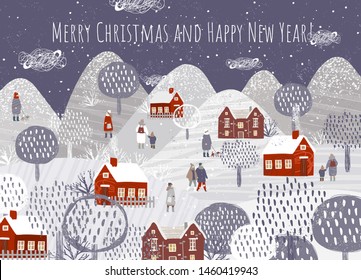 Merry Christmas and happy New Year! Vector illustration of a winter natural landscape with mountains, houses, people in winter clothes, trees and Christmas trees. Background for banner, poster or card