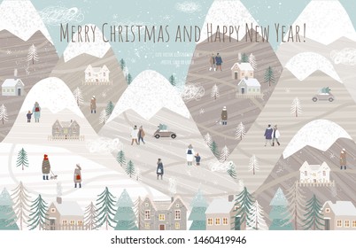 Merry Christmas and happy New Year! Vector illustration of a winter natural landscape with mountains, houses, people in winter clothes, trees and Christmas trees. Background for banner, poster or card