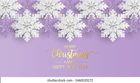 Merry christmas and happy new year greeting card, postcard with snowflake on purple background. Paper art style