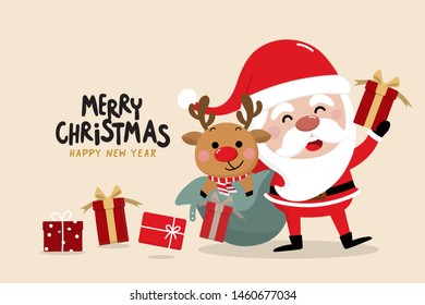 Merry Christmas and happy new year greeting card with cute Santa Claus,  deer and red gift box. Holiday cartoon character in winter season. -Vector.