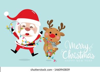 Feliz Navidad y feliz tarjeta de bienvenida de Año Nuevo con el lindo Santa Claus, ciervo y bombilla. Caricatura de vacaciones en invierno. -Vector.