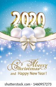 Merry Christmas and Happy New Year 2020 vector illustration blue sparkling background with stars christmas balls ribbon bow for greetings, invitations, cards.