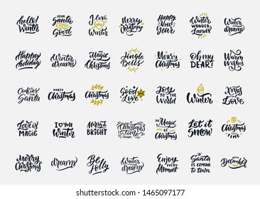 Merry Christmas and Happy New Year party. Celebration calligraphy and logo set for invitation, greeting card and postcard. Xmas, winter holidays lettering pack for your design. 