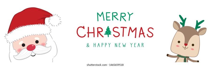 Merry Christmas and Happy New Year winter holidays with Santa Claus & Reindeer. Cute Vector illustration