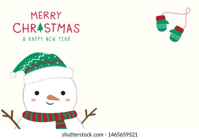 Merry Christmas and Happy New Year winter holidays greeting card with Snowman, Cute character, Vector illustration