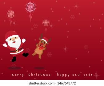 Merry Christmas and happy new year, Santa Claus and reindeer greeted at the Christmas celebration on red background with copy space for text,vector illustration eps10.