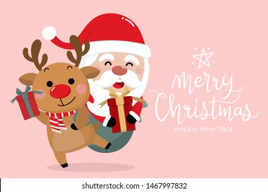 Merry Christmas and happy new year greeting card with cute Santa Claus and deer. Holiday cartoon character in winter season. -Vector.