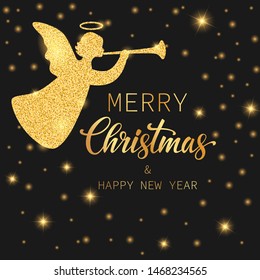 Merry Christmas and Happy New Year. Angel on a black background with golden stars. Festive illustration for your design. Vector illustration.