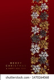 Merry Christmas and Happy New Year. Xmas background with Shining gold Snowflakes. Greeting card, holiday banner, web poster