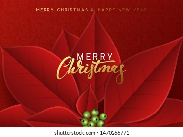 Merry Christmas and Happy New Year, background decorated with beautiful red buds poinsettia flowers