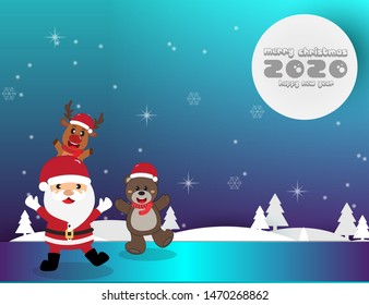 Merry Christmas and happy new year 2020, Santa Claus and reindeer with teddy bear greeted at the Christmas celebration,vector illustration eps10.