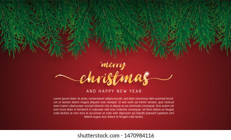Merry Christmas and Happy new year greeting card. Vector illustration Christmas celebration background with pine branches decoration on red background.Backdrop, banner, flyer, poster, wallpaper.