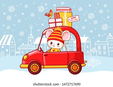 Merry Christmas and Happy New Year greeting card \ background \ poster with red car, mouse, christmas tree. Cartoon styled vector illustration.