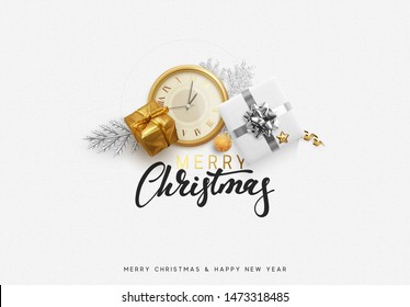 Merry Christmas and Happy New Year. Xmas Festive background with realistic design elements. Holiday Objects, gift box, decorative pine branches. Greeting card, banner, poster. Top view flat lay.