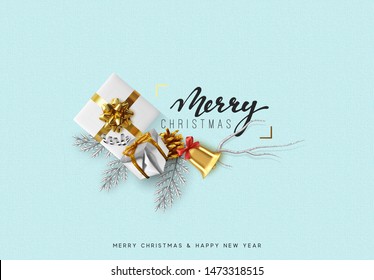 Merry Christmas and Happy New Year. Xmas Festive background with realistic design elements. Holiday Objects, gift box, decorative pine branches. Greeting card, banner, poster. Top view flat lay.