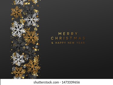 Merry Christmas and Happy New Year. Xmas background with Shining gold Snowflakes. Greeting card, holiday banner, web poster