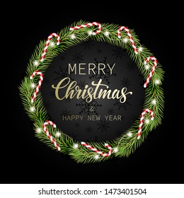 Merry Christmas and Happy New Year. Holiday background. Christmas wreath made of pine wood, decorated with a garland and candy. Vector Illustration.