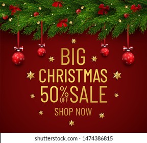 Merry Christmas and Happy New Year sale banner. Christmas tree border with golden decorations. Business flyer