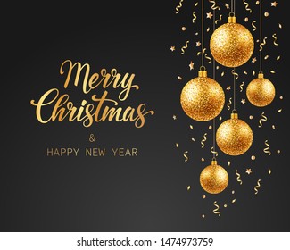 Merry Christmas and Happy New Year. Holiday background. Golden Christmas balls on black backdrop. Vector Illustration.