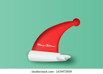 Merry Christmas and Happy New Year Typographic on red Background. Santa Claus hat with roll up paper.Vintage calligraphic minimal poster and card design for holiday.paper art and craft.vector. EPS10