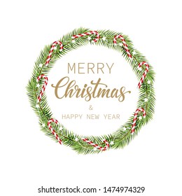 Merry Christmas and Happy New Year. Christmas wreath made of pine wood on white backdrop. Vector Illustration.