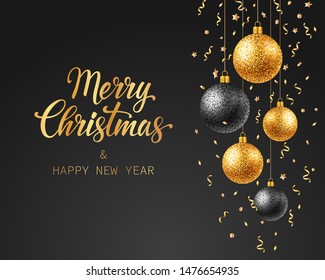 Merry Christmas and Happy New Year. Golden and silver Christmas balls on black backdrop. Vector Illustration.