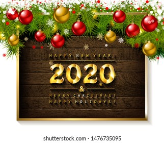 Merry Christmas and happy New year 2020. Gold lettering on vintage wooden background. Vector illustration