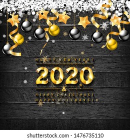 Merry Christmas and happy New year 2020. Gold lettering on vintage wooden background. Vector illustration