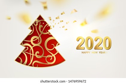Merry Christmas and Happy New Year 2020 card with golden steampunk fir over red background. Vector illustration.