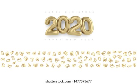 Merry christmas and Happy New Year 2020 vector gold design. 3d art and outline symbols style.