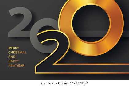 Merry Christmas and Happy new year 2020 banner with golden luxury text. Gold Festive Numbers Design. Vector illustration