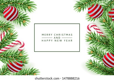Merry Christmas, Happy New Year poster, banner white background. Vector 3d realistic illustration of green pine branches, red balls and striped stick candy. Minimal modern winter holiday frame.