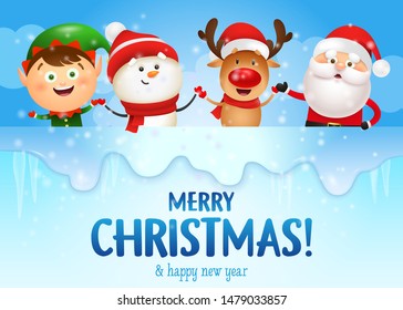 Merry Christmas and happy new year banner with funny characters on blue icy background. Santa Claus, deer, snowman and elf holding hands. Lettering can be used for invitations, signs, announcements