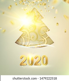 Merry Christmas and Happy New Year 2020 card with golden steampunk fir over shine confetti background. Vector illustration.