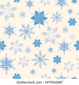 Merry Christmas and Happy New Year snowflakes seamless pattern. Cartoon styled illustration.Vector design element.