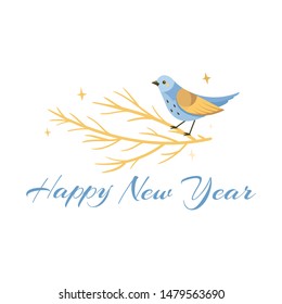 Merry Christmas and Happy New Year branches and bird. Cartoon styled illustration.Vector design element.